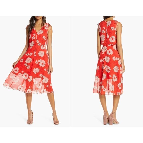 New Vince Camuto Size 6 Floral Print Tie Shoulder Chiffon Dress Red - Picture 1 of 15